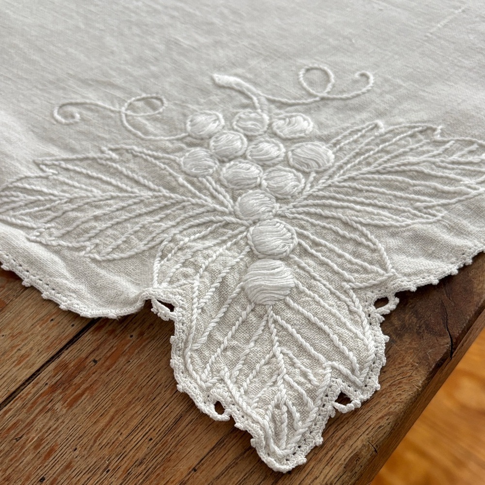 Elegant Soft White Linen Embroidered Tablecloth